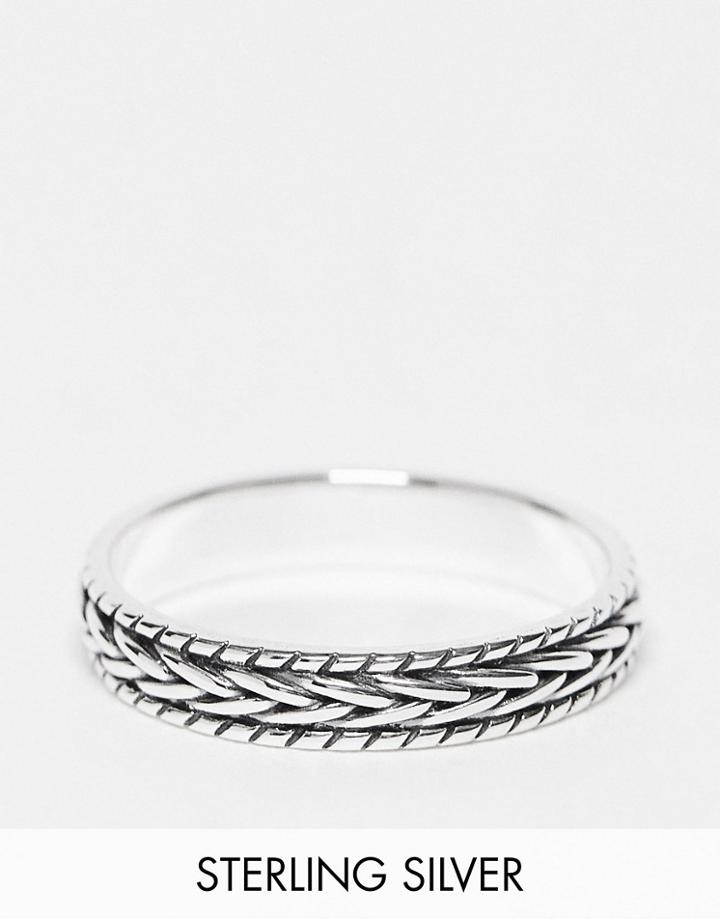 Asos Design Sterling Silver Band Ring With Braid Design In Burnished Silver