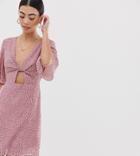 Fashion Union Petite Twist Front Tea Dress With Cut Out Back In Spot - Pink