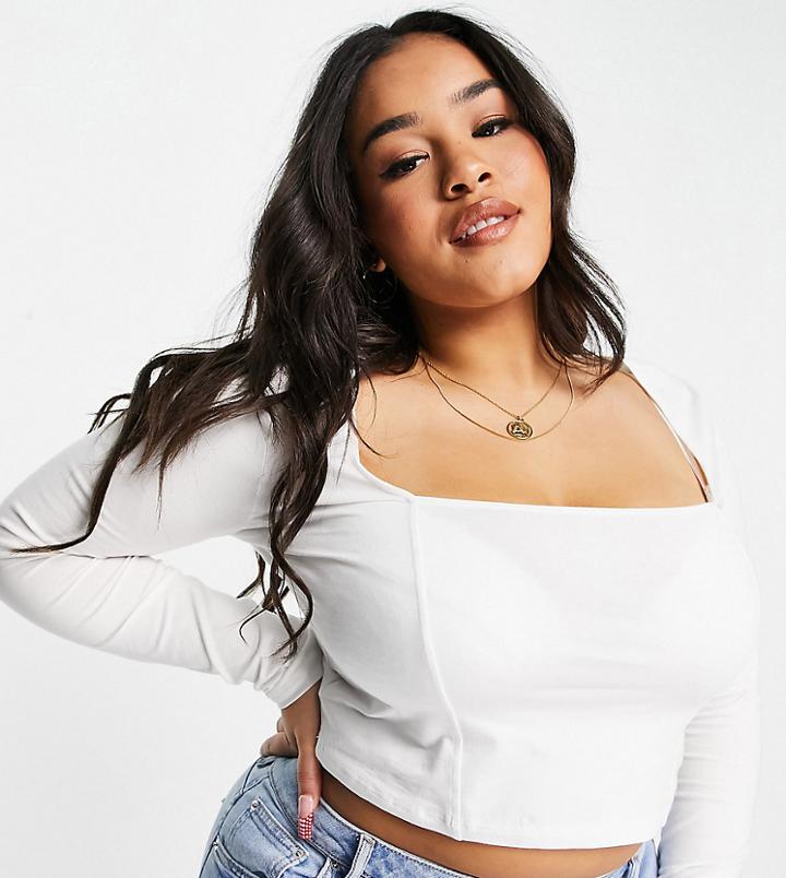Asos Design Curve Square Neck Crop Top With Seam Detail In Cream-white