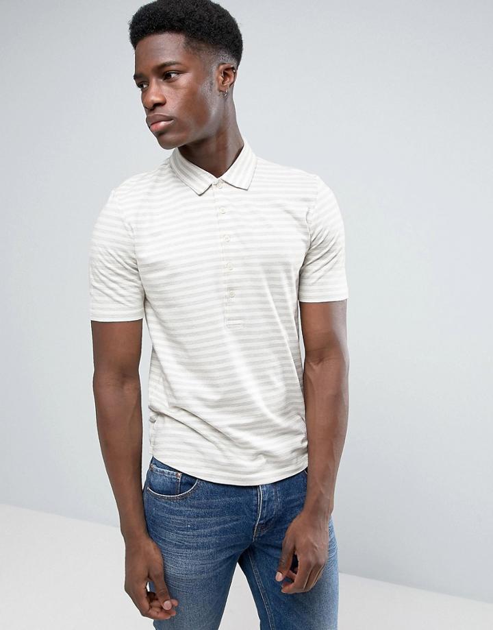 Selected Homme Polo Shirt With Stripe And Long Placket Detail And Curved Hem - Cream