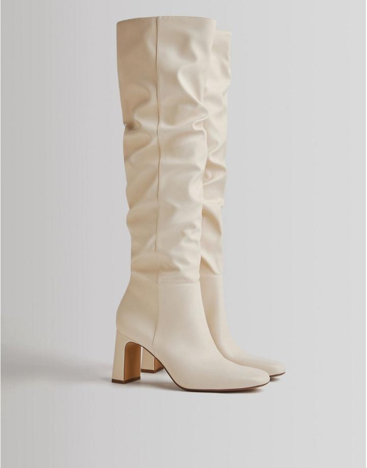 Bershka Slouchy High Leg Boots In Ecru-white