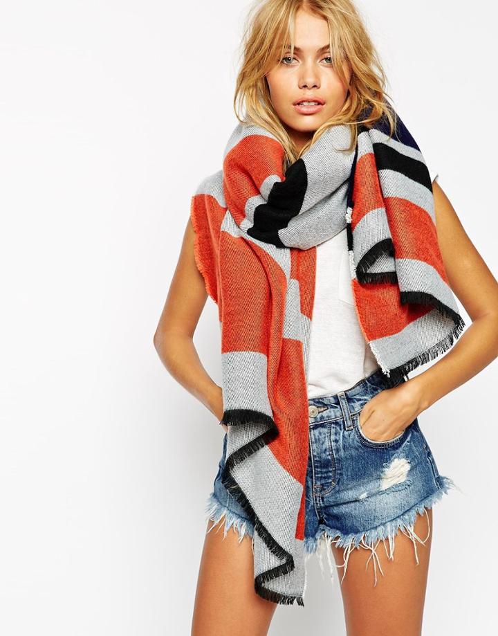 Asos Oversized Scarf In 70s Orange Stripe - Natural