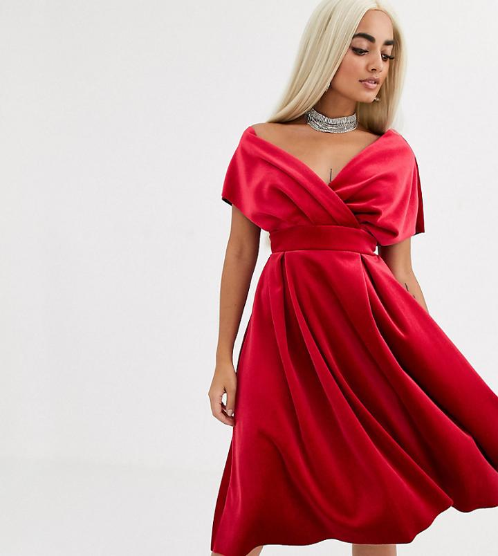Asos Design Petite Velvet Fallen Shoulder Midi Prom Dress With Tie Detail-red