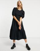 Warehouse Tiered Cotton Midi Dress In Black