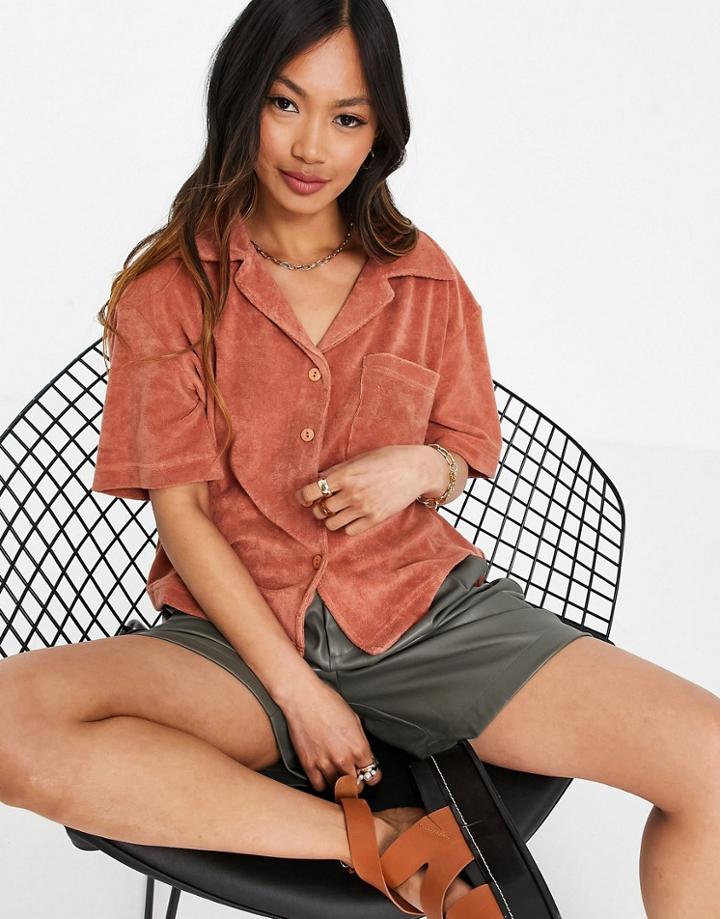 Mango Organic Cotton Blend Terry Short Sleeve Shirt In Tan - Part Of A Set-brown