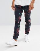 Asos Skinny Pants In Oversized Rose Print - Navy