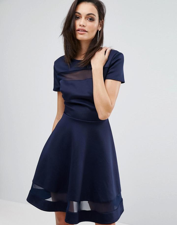Club L Office Skater Dress With Mesh Panel Insert - Navy