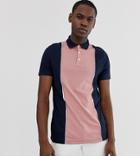 Asos Design Tall Organic Polo Shirt With Vertical Color Blocking In Navy - Navy