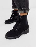 London Rebel Lace Up Flat Chunky Boots In Black