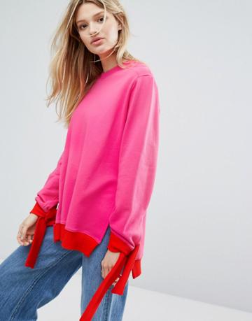 Outstanding Ordinary Oversized Sweatshirt With Tie Up Cuffs - Pink