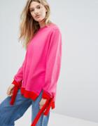 Outstanding Ordinary Oversized Sweatshirt With Tie Up Cuffs - Pink