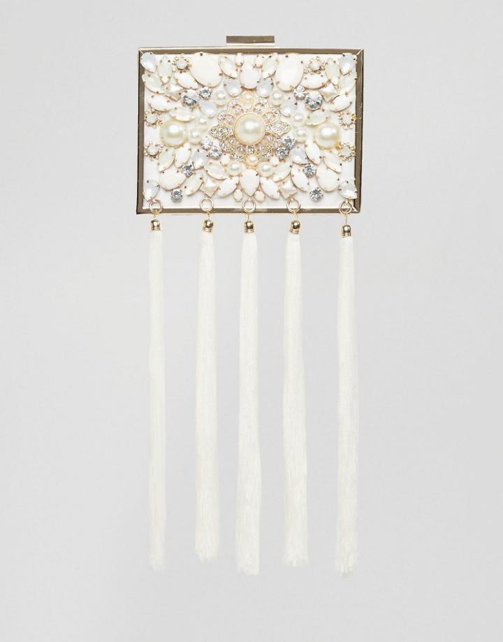 Aldo Structured Box Clutch Bag With Tassels & Pearls - Gold