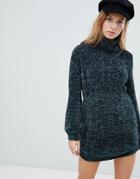 Qed London Chunky Cable Knit Sweater Dress With Roll Neck - Blue