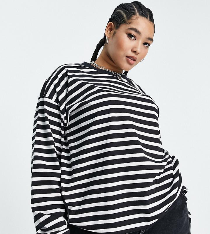 Asos Design Curve Top With Cuff Detail In Stripe Navy & White-multi