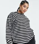 Asos Design Curve Top With Cuff Detail In Stripe Navy & White-multi