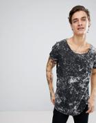 Asos Longline T-shirt With Raw Scoop Neck And Curved Hem In Black Wash - Black