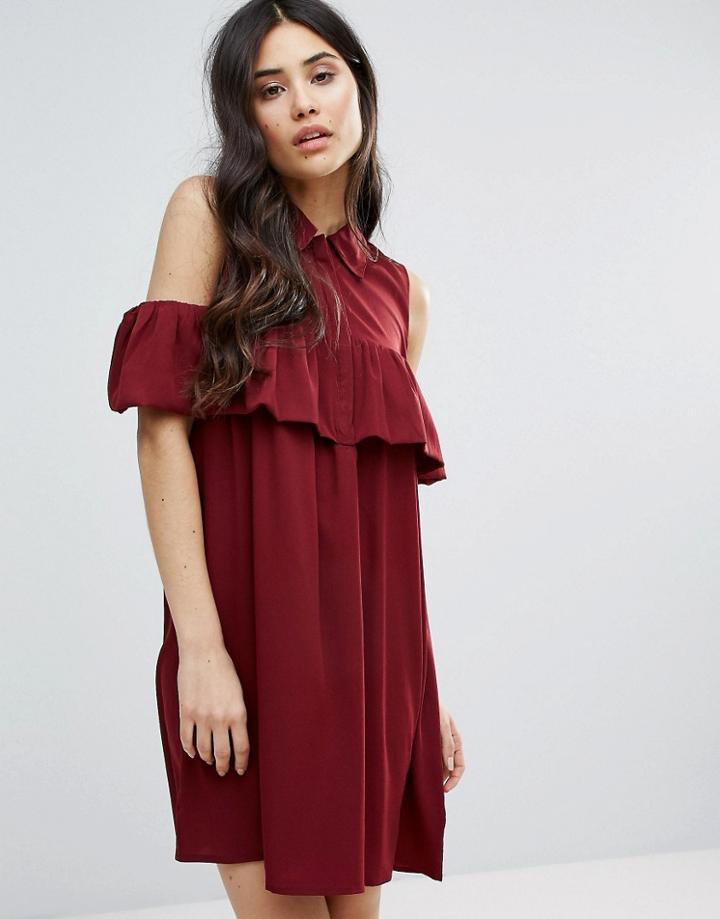 Ax Paris Cold Shoulder Frill Mini Smock Dress - Red