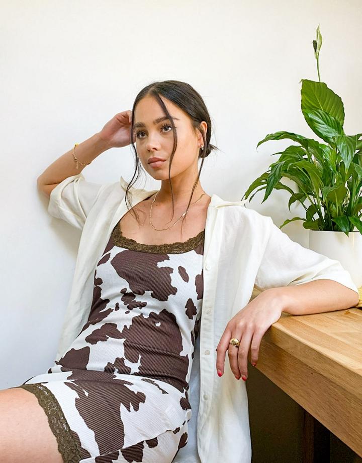 Another Reason Cami Mini Dress With Lace Trim In Cow Print-multi