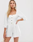 Asos Design Square Neck Button Front Romper - White