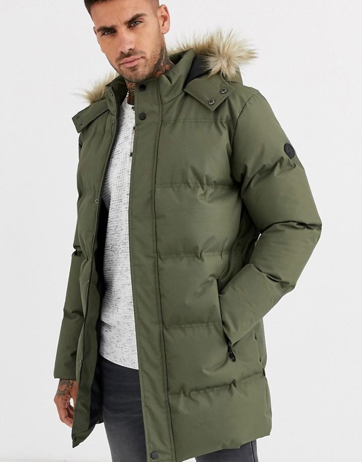 Soul Star Parka With Faux Fur Hood In Khaki-green