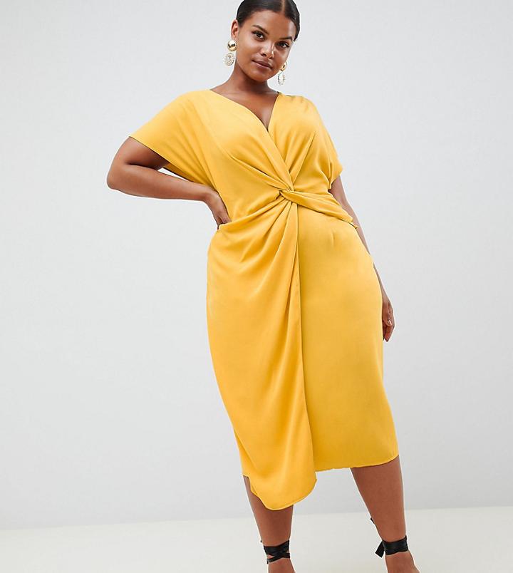 Asos Design Curve Twist Midi Dress With Kimono Sleeve - Gold
