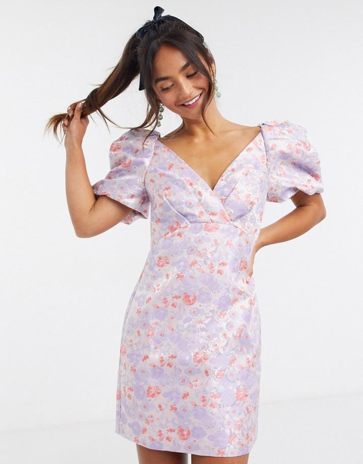 Ever New Structured Jacquard Mini Dress With Puff Sleeve In Soft Floral-multi