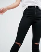 Asos Design Ridley High Waist Skinny Jeans In Clean Black With Ripped Knees - Black