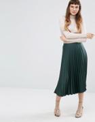 Miss Selfridge Satin Crepe Pleated Midi Skirt - Green