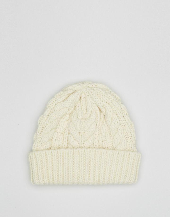 Asos Wool Mix Cable Fisherman Beanie In Ecru - Beige
