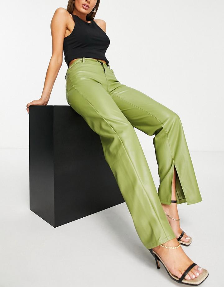 Bershka Faux Leather Dad Pants In Green