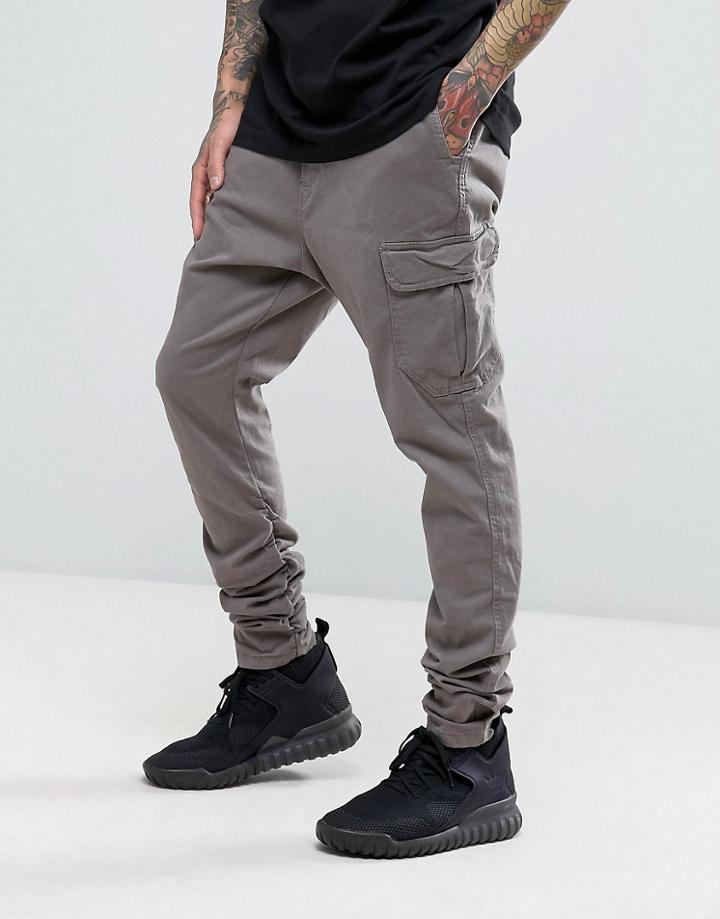 Bershka Drop Crotch Cargo Joggers In Gray - Tan