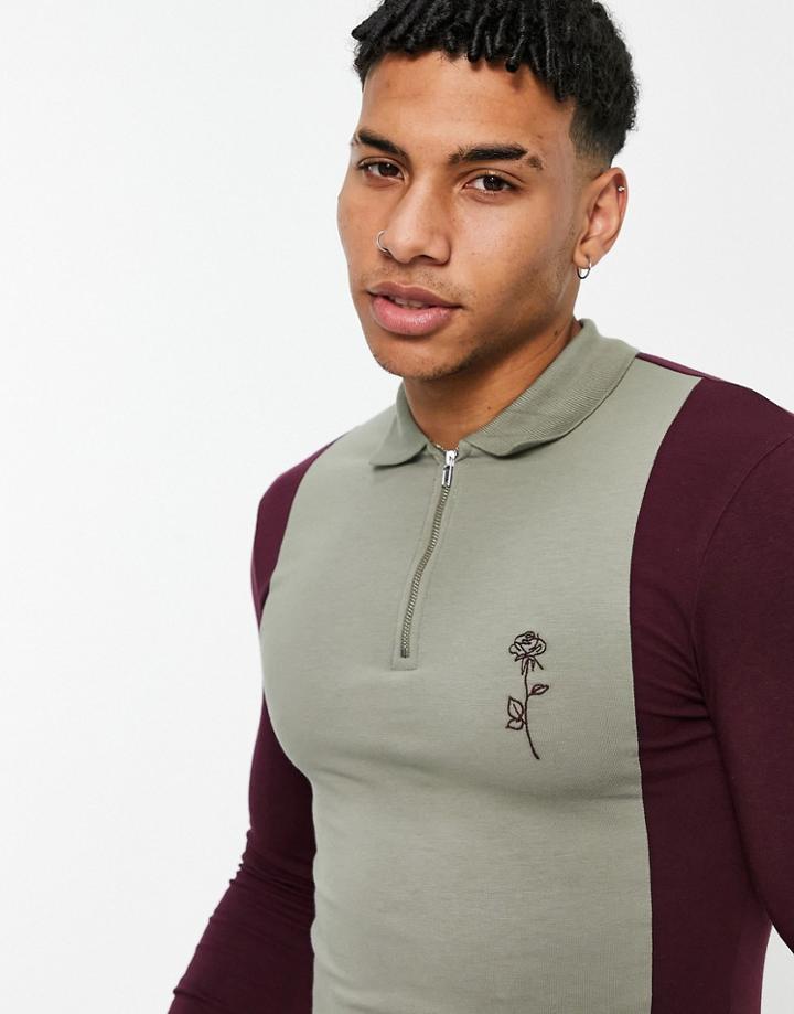 Asos Design Muscle Fit Long Sleeve Polo Shirt In Khaki Rib With Chest Embroidery-green