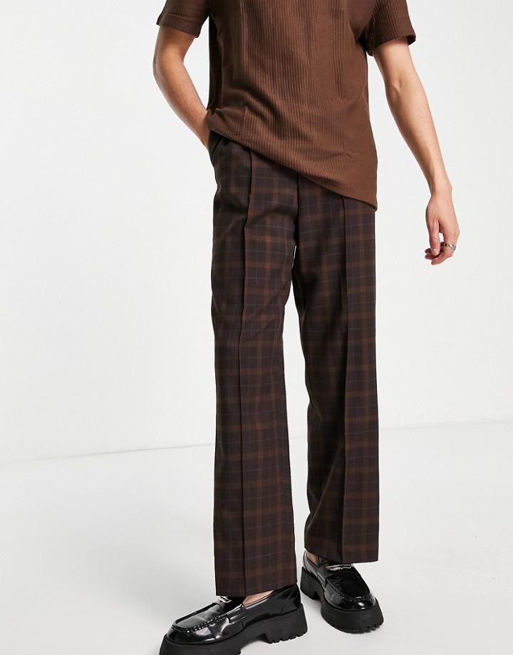 Asos Design Wide Leg Smart Pants With Brown Highlight Plaid And Drawstring