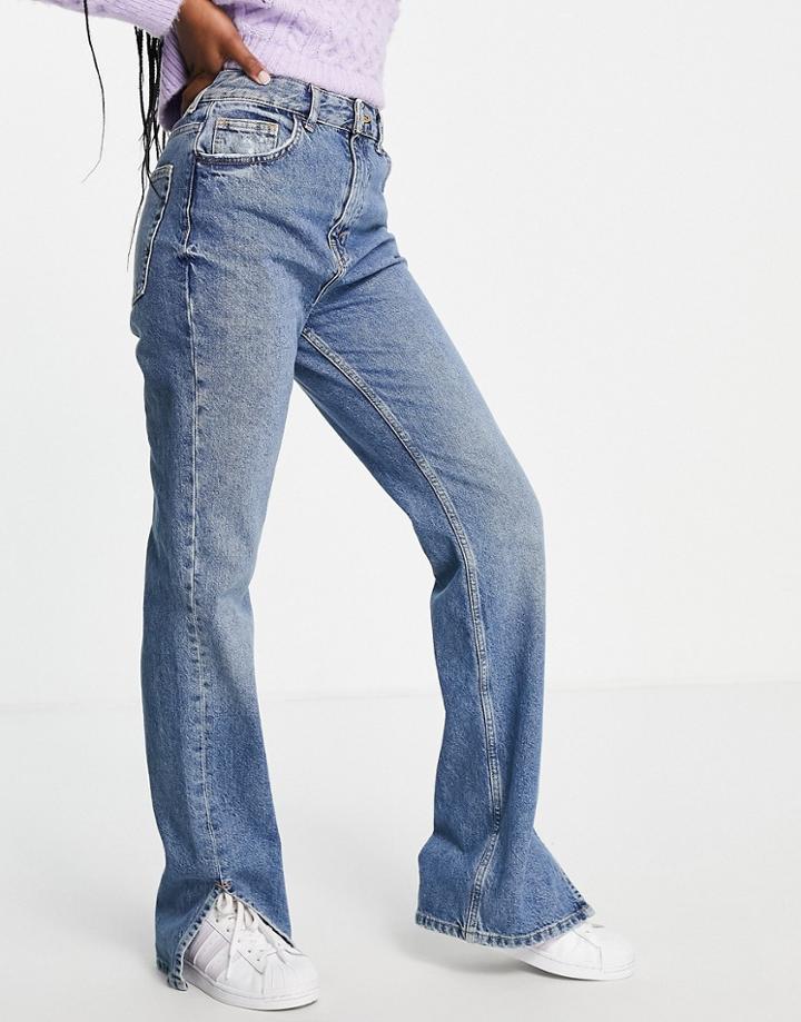 Pull & Bear 90s Straight Leg Jeans With Front Slit In Blue