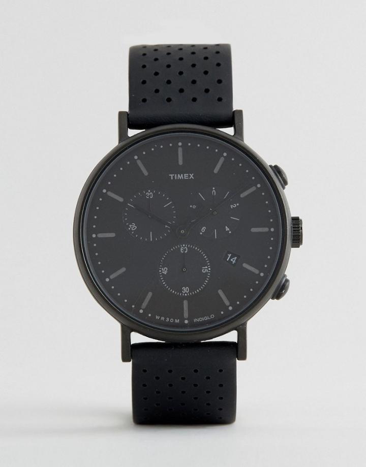 Timex Fairfield Chronograph 41mm Perforated Leather Watch In Black Ip - Black