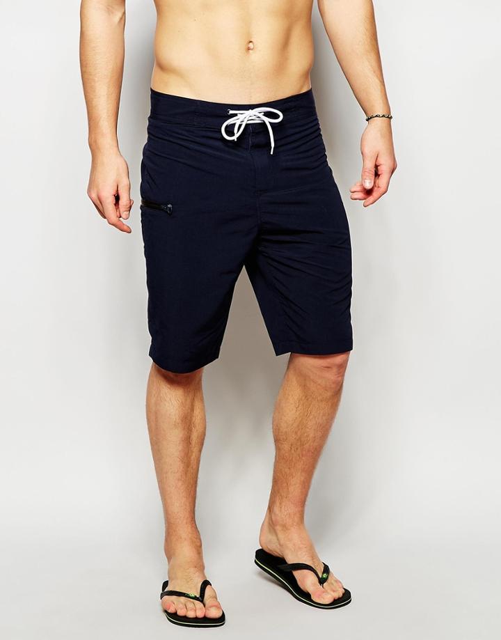 Asos Boardie Swim Shorts In Navy With Black Zip Detail - Navy