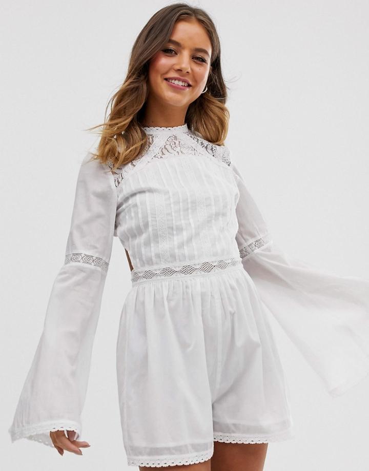 Asos Design Lace Romper With Flare Sleeve And Ruffle - White