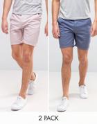 Asos 2 Pack Slim Chino Shorts In Light Purple & Blue Save - Multi