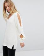 Fashion Union V Neck Knitted Sweater With Cut Outs - Cream