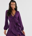 Flounce London Satin Mini Wrap Dress In Amethyst - Purple