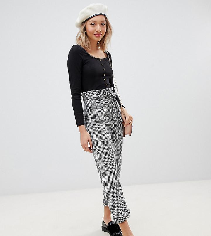 Parisian Petite Slim Leg Check Pants With Self Tie Belt - Gray