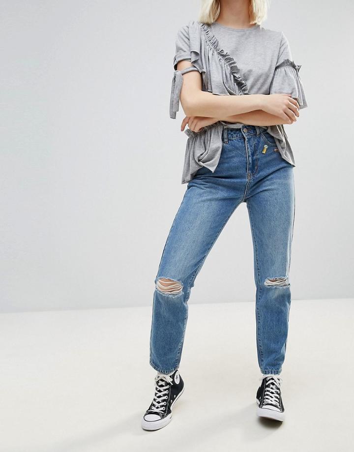 Noisy May Donna High Waisted Ripped Knee Mom Jeans With Badges - Blue
