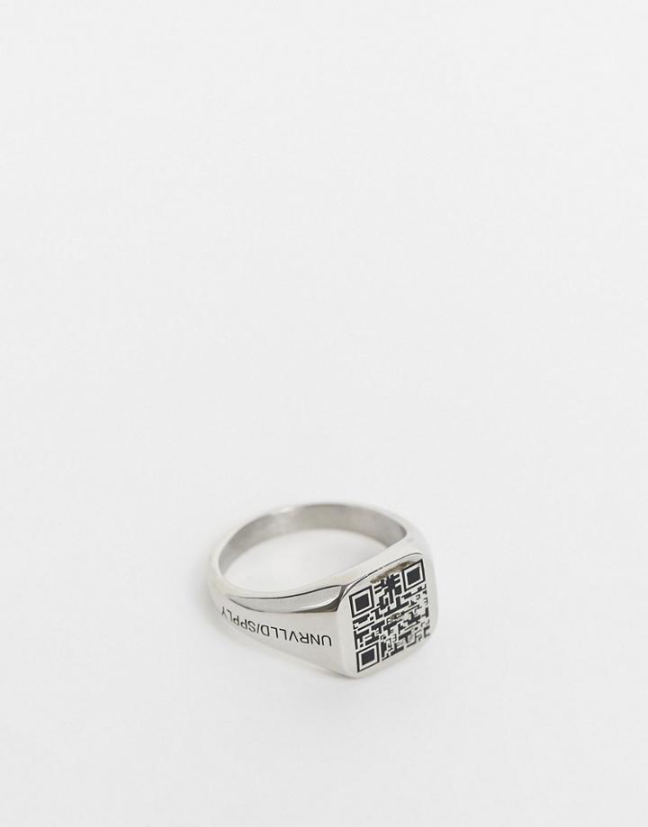 Asos Unrvlld Spply Stainless Steel Signet Ring With Faux Qr Code In Silver Tone