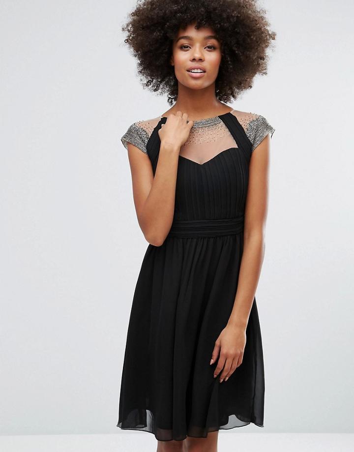 Little Mistress Mesh Insert Embellished Fit And Flare Dress - Black