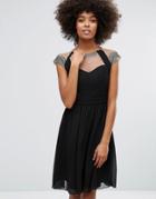 Little Mistress Mesh Insert Embellished Fit And Flare Dress - Black