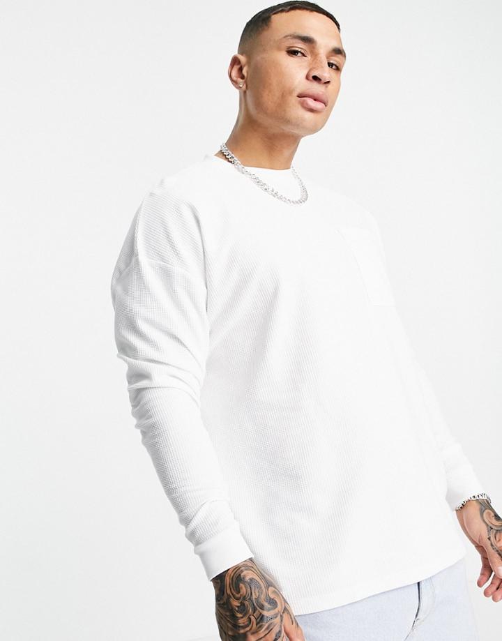 Asos Design Oversized Long Sleeve Waffle T-shirt With Pocket And Seam Detail In White