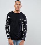 Asos Design Tall Long Sleeve T-shirt With Contrast Floral Sleeve And Pocket - Black