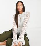 Asos Design Tall Sweater In Open Stitch With Fringed Hem And Tie Detail In White