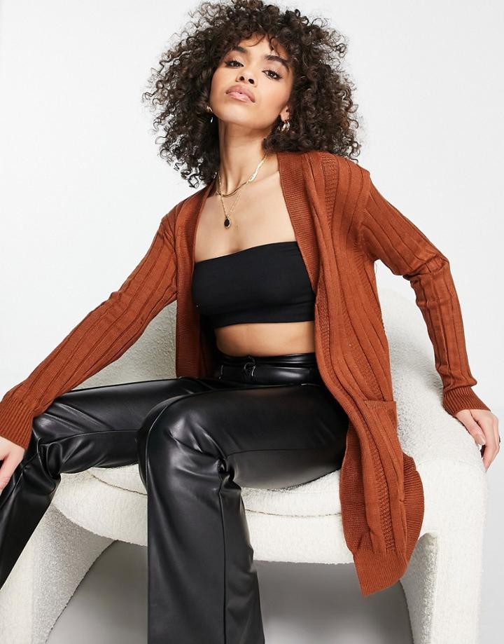 Qed London Longline Ribbed Cardigan In Brown
