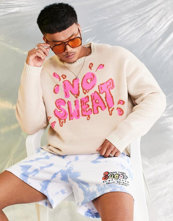 Asos Design Knitted Sweater With No Sweat Slogan In Brown